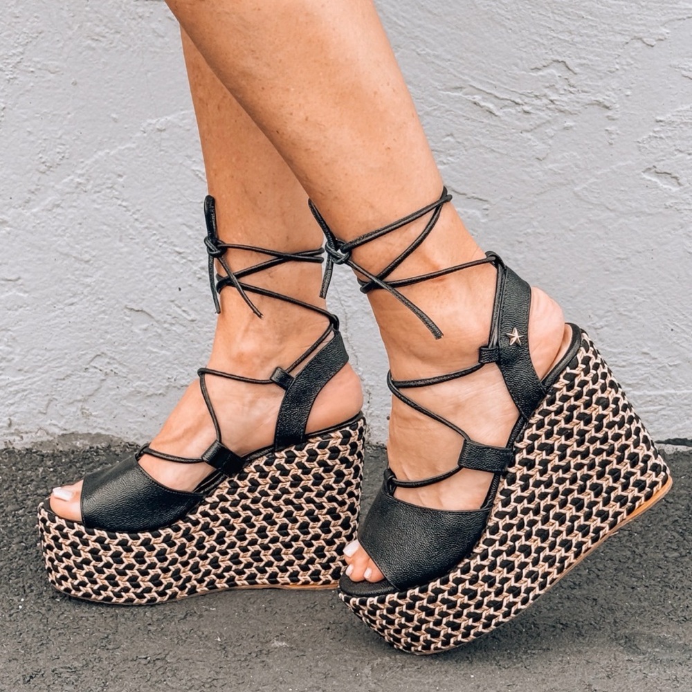 Groove Black Taupe Boho Lace-Up Wedge Platform Sandals Size 7